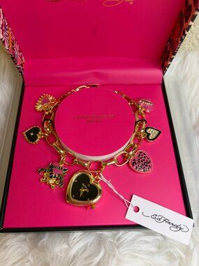 Ed Hardy Charm Bracelet Watch Gold Tone Heart Leopard Rhinestone NWT